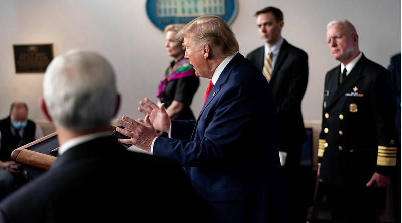 President Donald J. Trump, joined by Vice President Mike Pence and members of the White House Coronavirus (COVID-19) Task Force, in the James S. Brady White House Press Briefing Room of the White House. (Official White House Photo by Andrea Hanks)