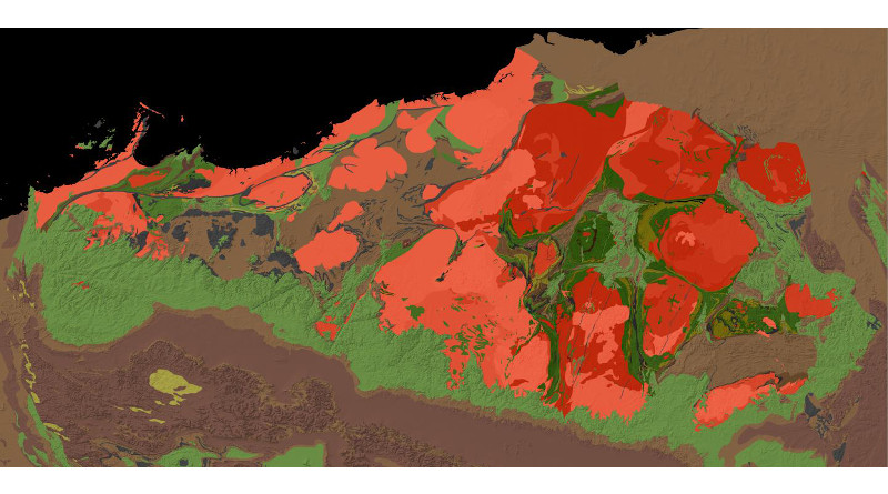 A geologic map of the Pilbara Craton in Western Australia. The rocks exposed here range from 2.5 to 3.5 billion years ago, offering a uniquely well-preserved window into Earth's deep past. The authors of the study spent two field seasons in the Pilbara sampling lavas (shown in green shades) dated to 3.2 billion years ago. For scale, the image is about 500 kilometers across, covering approximately the same area as the state of Pennsylvania. CREDIT Alec Brenner, Harvard University. Map data from the Geological Survey of Western Australia