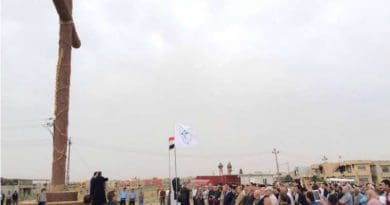 Syrian Catholic Archbishop Youhanna Boutros Moshe of Mosul blesses a newly-erected cross in Bakhdida, Iraq, May 2, 2017. Photo courtesy SOS Chrétiens d'Orient.