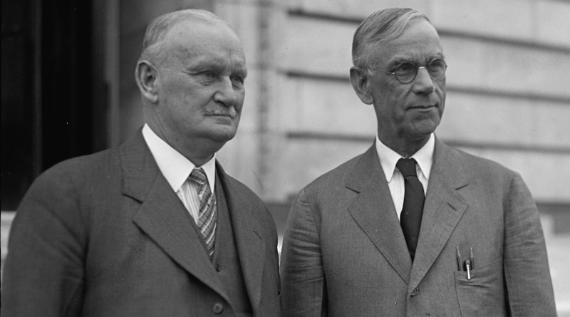 Willis C. Hawley (left) and Reed Smoot in April 1929, shortly before the Smoot–Hawley Tariff Act passed the House of Representatives. Photo Credit: United States Library of Congress