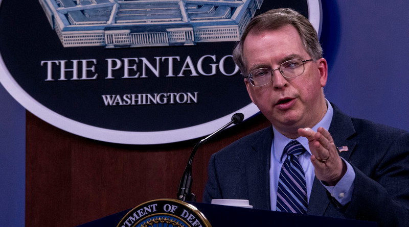 Deputy Defense Secretary David L. Norquist tells Pentagon reporters that the presidential tweet telling Iran to stop harassing ships in the Persian Gulf is welcomed by Defense Department officials, April 22, 2020. Photo Credit: Air Force Staff Sgt. Jackie Sanders, DOD