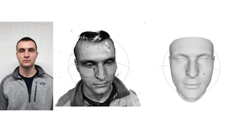 In a 3D face reconstruction process developed at Carnegie Mellon University, smartphone video of a person, left, is analyzed to produce an imperfect model of the face, middle. Deep learning is then combined with conventional computer vision techniques to complete the reconstruction, right. CREDIT Carnegie Mellon University