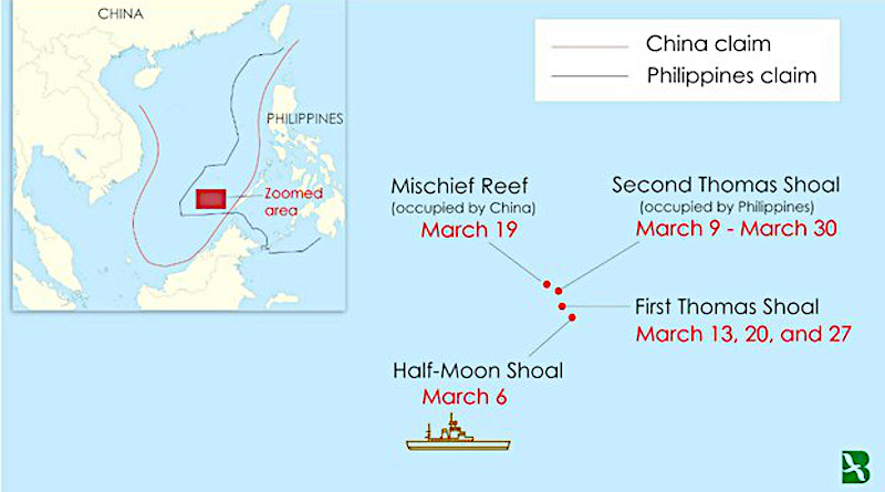 A map representing where a Chinese Coast Guard ship has been patrolling since early March near land features in the South China Sea disputed by the Philippines and China. The inset shows the Philippines’ exclusive economic zone and China’s so-called nine-dash line. Credit: Benar News