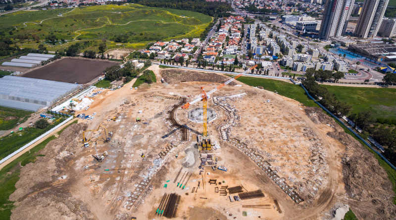 Construction of the Shrine of ʻAbdu'l-Bahá in Israel. The foundations that will support the north and south entrances leading toward the central structure of the Shrine of ‘Abdu’l-Baha, and the walls that will enclose an inner garden area, are taking shape. As a result, an imprint of the design’s elegant geometry is now visible for the first time. Photo Credit: BWNS