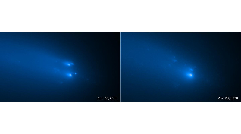 These two Hubble Space Telescope images of comet C/2019 Y4 (ATLAS), taken on April 20 (left) and April 23, 2020, provide the sharpest views yet of the breakup of the solid nucleus of the comet. Hubble's eagle-eye view identifies as many as 30 separate fragments. Hubble distinguishes pieces that are roughly the size of a house. Before the breakup, the entire nucleus of the comet may have been the length of one or two football fields. Astronomers aren't sure why this comet broke apart. The comet was approximately 91 million miles (146 million kilometers) from Earth when the images were taken. CREDIT NASA, ESA, STScI and D. Jewitt (UCLA)