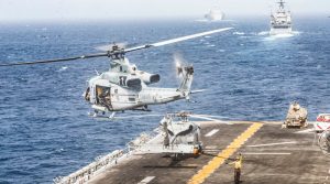 UH-1Y Venom helicopter takes off from flight deck of USS Boxer, Strait of Hormuz, July 18, 2019 (U.S. Marine Corps/Dalton Swanbeck)