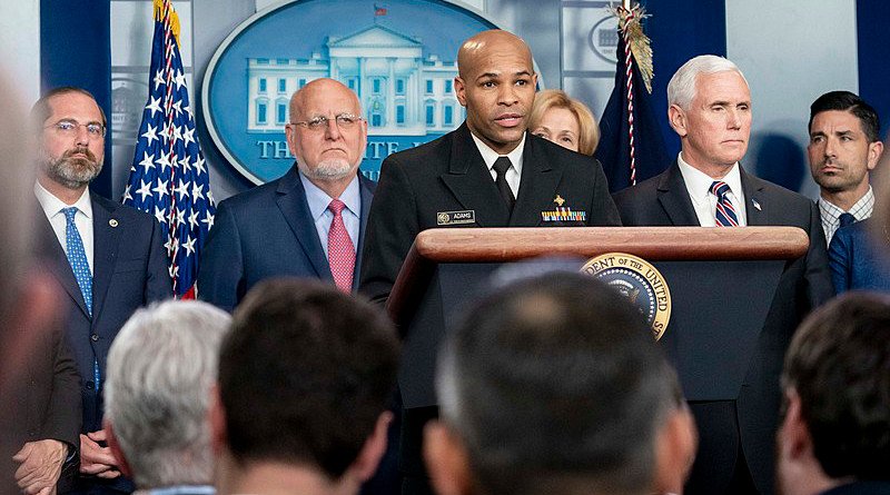 U.S. Surgeon General Vice Admiral Jerome Adams, joined by Vice President Mike Pence and members of the White House Coronavirus Taskforce at a press briefing. Photo Credit: Official White House Photo by D. Myles Cullen