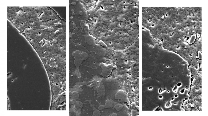 Magnified images showing concrete made with treated slag (centre), conventional aggregates (left) and raw slag (right). The treated slag forms a more seamless bond with the cement paste, making the concrete stronger. CREDIT RMIT University