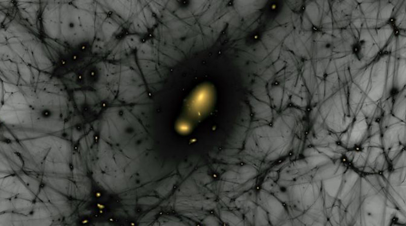 A still image from a simulation of the formation of dark matter structures from the early universe until today. Gravity makes dark matter clump into dense halos, indicated by bright patches, where galaxies form. In this simulation, a halo like the one that hosts the Milky Way forms, and a smaller halo resembling the Large Magellanic Cloud falls toward it. SLAC and Stanford researchers, working with collaborators from the Dark Energy Survey, have used simulations like these to better understand the connection between dark matter and galaxy formation. CREDIT Ralf Kaehler/SLAC National Accelerator Laboratory