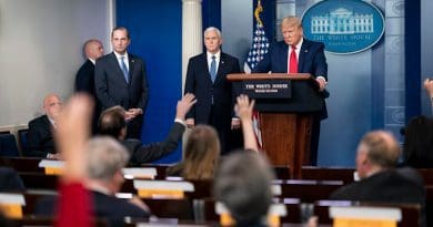 President Donald J. Trump listens to a reporter’s question during the coronavirus update briefing Friday, April 3, 2020, in the James S. Brady Press Briefing Room of the White House. (Official White House Photo by Andrea Hanks)