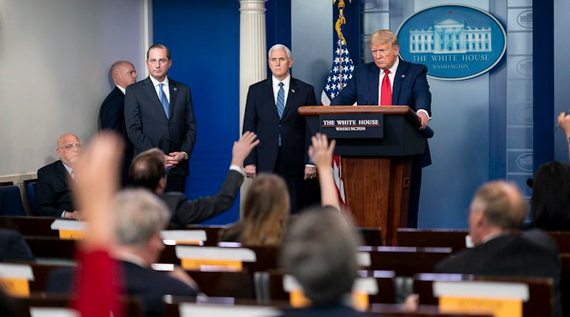 President Donald J. Trump listens to a reporter’s question during the coronavirus update briefing Friday, April 3, 2020, in the James S. Brady Press Briefing Room of the White House. (Official White House Photo by Andrea Hanks)