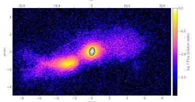 The Seyfert 1 galaxy, TXS 2116-077, (seen on the right) collides with another spiral-shaped galaxy of similar mass, creating a relativistic jet in the TXS's center. Both galaxies have active galactic nuclei (AGN). CREDIT Courtesy Vaidehi Paliya