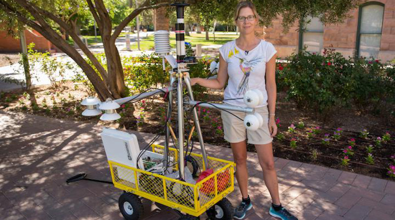 This is Ariane Middel with a MaRTy unit on ASU's Tempe campus. CREDIT: Photo by Ken Fagan/ASU Now