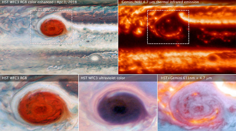 These images of Jupiter's Great Red Spot were made using data collected by the Hubble Space Telescope and the Gemini Observatory on April 1, 2018. By combining observations captured at almost the same time from the two different observatories, astronomers were able to determine that dark features on the Great Red Spot are holes in the clouds rather than masses of dark material. Photo Credit: NASA, ESA, and M.H. Wong (UC Berkeley) and team