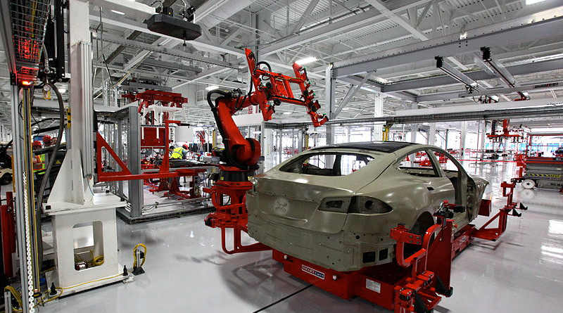 Tesla Model S assembly at the Tesla Factory in Fremont, California. Photo Credit: Steve Jurvetson, Wikipedia Commons.