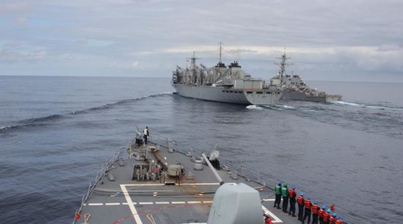 The destroyer USS Donald Cook makes its approach alongside USNS Supply and USS Porter for a connected replenishment to receive fuel and stores, April 28, 2020. Photo Credit: Navy Petty Officer 3rd Class Anthony Nichols