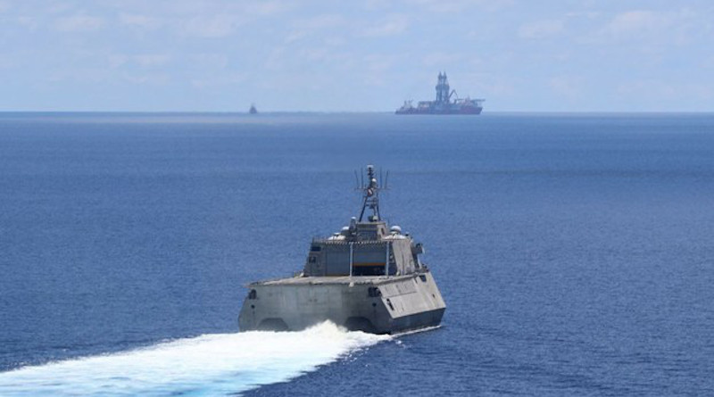 The USS Montgomery sails near the Malaysian-contracted drillship, West Capella, in the South China Sea, May 7, 2020. Photo Courtesy U.S. Navy