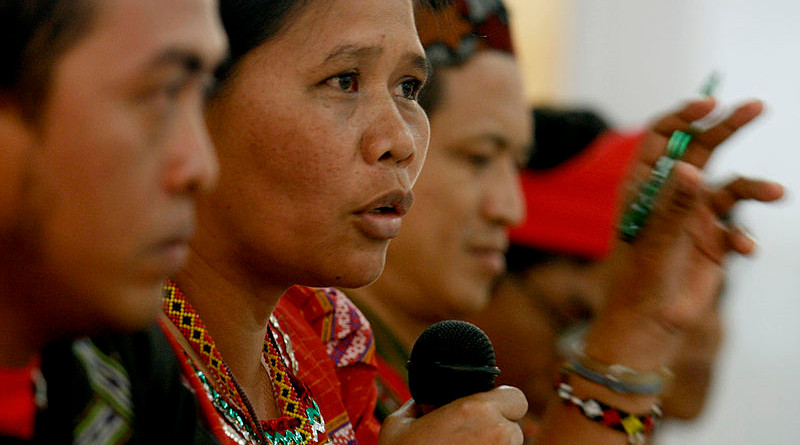Norma Capuyan, vice chair of Apo Sandawa Lumadnong Panaghiusa sa Cotabato (ASLPC) speaking out in a press conference to defend the ancestral domains of the Lumad in the Philippines. Photo Credit: Keith Kristoffer Bacongco, Wikipedia Commons.