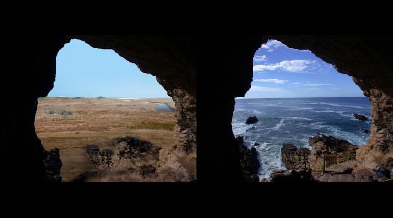 Looking out at the Palaeo-Agulhas Plain from the cave entrance at the Pinnacle Point, South Africa, research site--left, 200,000 years ago during glacial phases and lower sea levels, and right, today where the ocean is within yards of the cave entrances at high tides. CREDIT: Erich Fisher