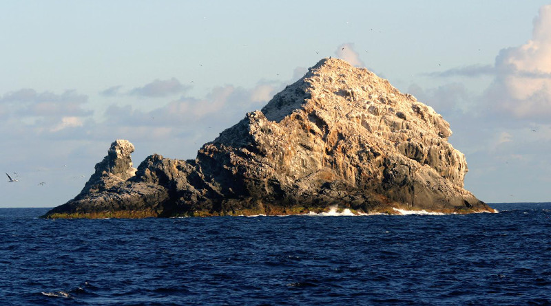 The only remnants of Pūhāhonu that are above sea level (Gardner Pinnacles). CREDIT: NOAA