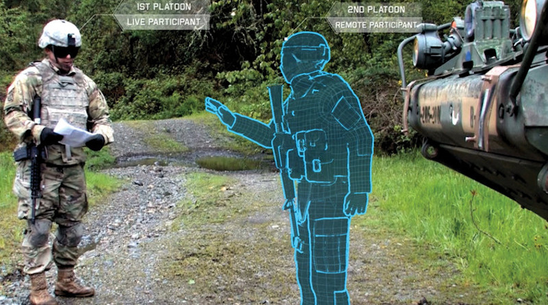 A Stryker vehicle commander interacts in real time with a Soldier avatar that is participating remotely from a collective trainer. The U.S. Army Research Laboratory, University of Southern California Institute for Creative Technologies, Combined Arms Center-Training and Program Executive Office for Simulation, Training and Instrumentation are developing the Synthetic Training Environment, which will link augmented reality with live training. (U.S. Army/Lt. Col. Damon "DJ" Durall)