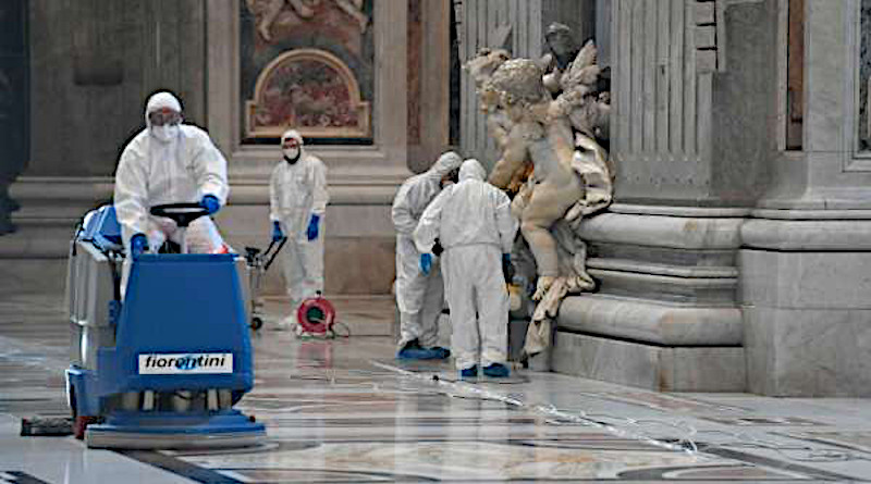 Workers cleanse St. Peter's Basilica ahead of its reopening. Credit: Vatican Media