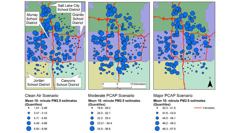 Mean 10-min PM 2.5 levels for each 48-hour scenario at the Salt Lake County schools during a clean, moderate winter persistent air pool (PCAP, inversion) and major PCAP event. The bigger the blue dot, the higher the concentration of PM 2.5 particles. In all three scenarios, the lowest PM 2.5 concentrations were on the south and east side of the study area along the bench where elevation ascends from the valley floor. CREDIT: Mullen et. al. Enviro Res (2020)