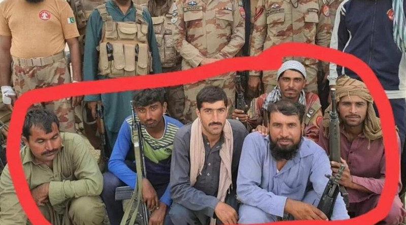 Maj Nadeem with members of his ‘Death Squad’  (encircled) with weapons supplied by Pakistan army.  Note that two of seated persons (second from left and  on extreme right) are holding Pakistan army issue H&K G3 Rifles  while seated person (second from right) is armed with a  H&K MP5 submachine gun (Photo courtesy Current Balochistan)