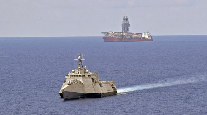 The USS Gabrielle Giffords sails near the Malaysian-contracted drillship West Capella, May 12, 2020. Photo Credit: U.S. Navy