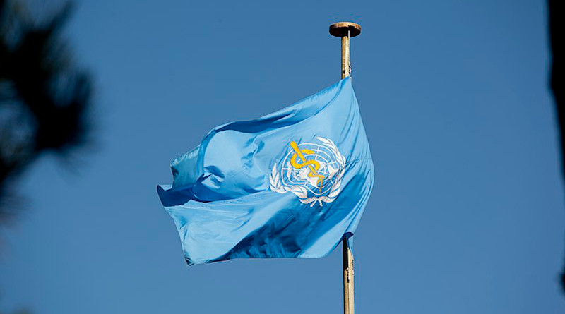 Flag of WHO. Photo Credit: United States Mission Geneva, Wikipedia Commons