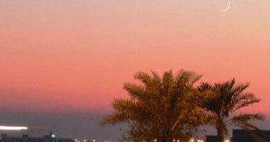 A crecent moon can be seen over palm trees at sunset in Manama, Bahrain, marking the beginning of the Muslim month of Ramadan. Photo Credit: Ahmed Rabea, Wikipedia Commons