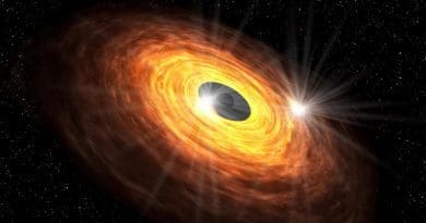 Hot spots circling around the black hole could produce the quasi-periodic millimeter emission detected with ALMA. CREDIT: Keio University