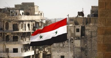 Syria's flag flies in bombed city. Photo Credit: Mil.ru