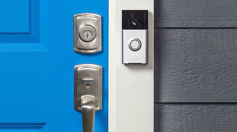 The first-generation Ring video doorbell attached next to the front door of a house. Photo Credit: Ring, Wikipedia Commons