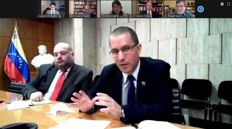 Screenshot of conference call with Venezuelan Foreign Minister Jorge Arreaza: Photo Credit: COHA