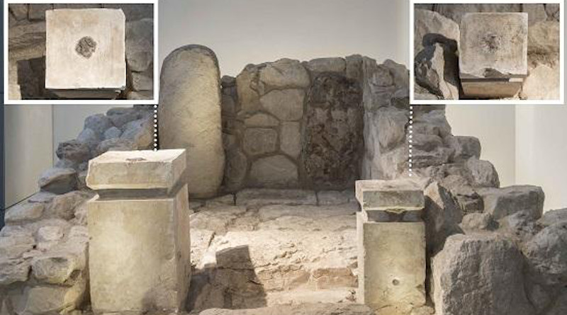 Front view of the shrine at Arad, rebuilt in the Israel Museum. The top - down view of the altars: on where you can see the black residue of cannabis and frankincense CREDIT (Collection of the Israel Antiquities Authority, Photo © The Israel Museum, by Laura Lachman.