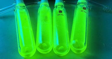 CuPCP gives off an intense green glow not only when current is applied, but also under UV light. (Photo: University of Bremen/Matthias Vogt)