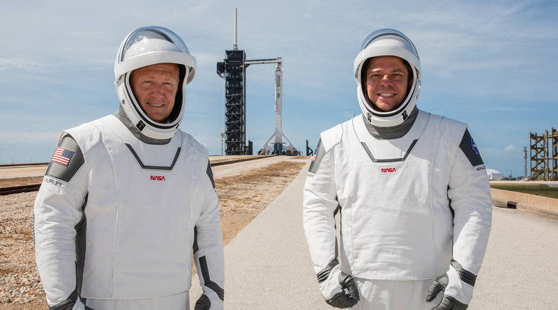 NASA astronauts Douglas Hurley (left) and Robert Behnken (right) participate in a dress rehearsal for launch at the agency’s Kennedy Space Center in Florida on May 23, 2020, ahead of NASA’s SpaceX Demo-2 mission to the International Space Station. Demo-2 will serve as an end-to-end flight test of SpaceX’s crew transportation system, providing valuable data toward NASA certifying the system for regular, crewed missions to the orbiting laboratory under the agency’s Commercial Crew Program. Credits: NASA/Kim Shiflett
