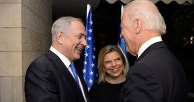 Vice President Joe Biden is greeted by Israeli Prime Minister Benjamin Netanyahu and his wife, Mrs. Sara Netanyahu, upon arrival for his bilateral meeting at the Prime Minister's residence in Jerusalem on January 13, 2013. [State Department photo by Matty Stern/ Public Domain]