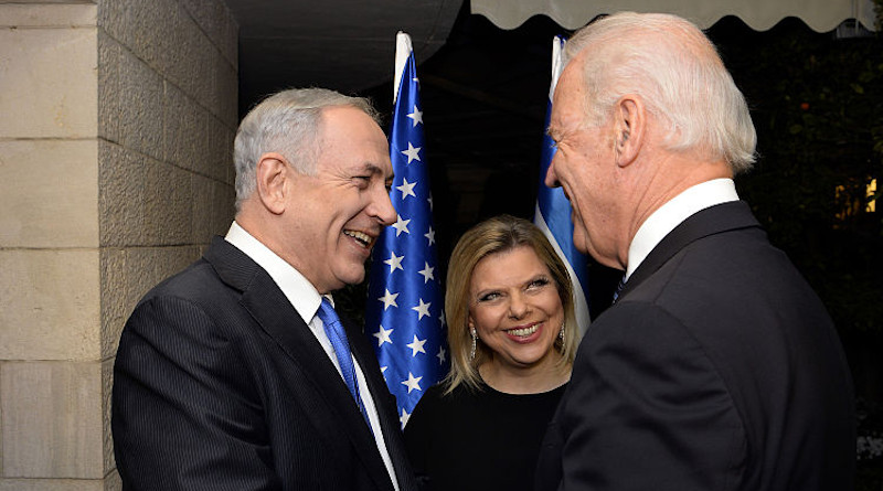 Vice President Joe Biden is greeted by Israeli Prime Minister Benjamin Netanyahu and his wife, Mrs. Sara Netanyahu, upon arrival for his bilateral meeting at the Prime Minister's residence in Jerusalem on January 13, 2013. [State Department photo by Matty Stern/ Public Domain]