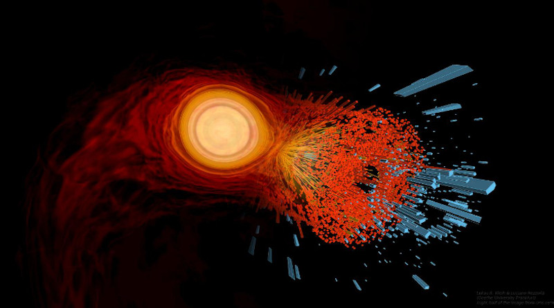 Montage of the computer simulation of two merging neutron stars that blends over with an image from heavy-ion collisions to highlight the connection of astrophysics with nuclear physics. CREDIT Lukas R. Weih & Luciano Rezzolla (Goethe University Frankfurt) (right half of the image from cms.cern)