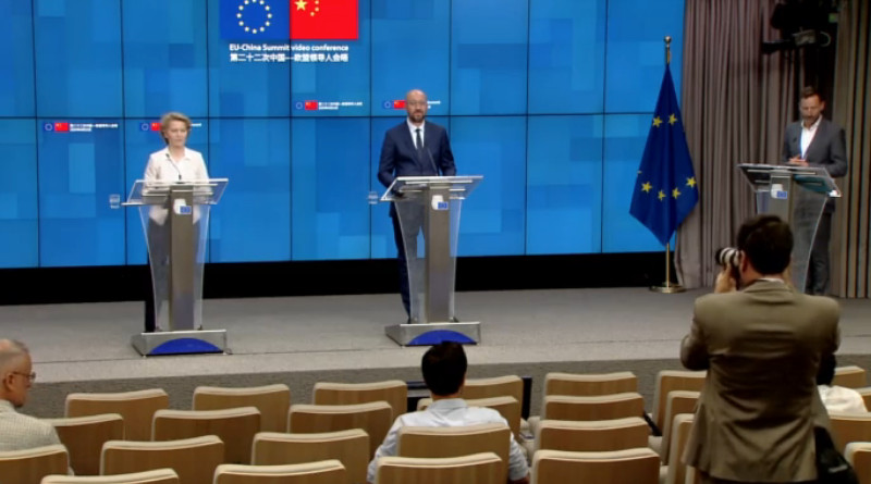 Press conference following the EU-China summit video conference. Photo Credit: Screenshot EU video