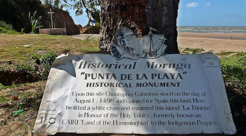 Moruga - Columbus historical monument. Columbus landed here on his third voyage in 1498. This is on the southern coast of the island of Trinidad, West Indies. the sea in the background is named the Columbus channel. it separates the island of Trinidad from Venezuela. Kalamazadkhan CC BY 4.0