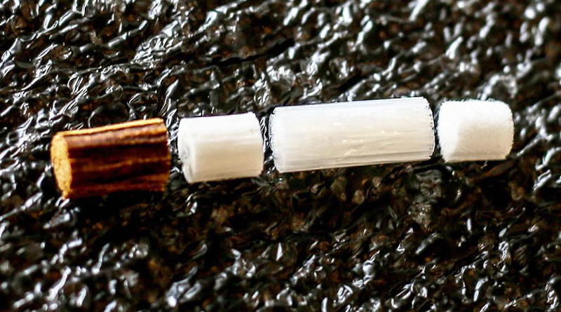 Components of the unsmoked "I quit ordinary smoking" HeatStick device. (l-r): the tobacco plug, the hollow acetate tube separating the tobacco plug and the polymer film fitter, the polymer mesh and the cellulose acetate mouthpiece. © 2020 KAUST; Raheena Abdurehim