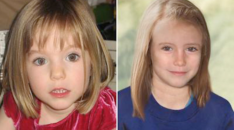 Image of Madeleine McCann at age three, next to an age-progressed depiction of how she may have looked at age nine. Photo Credit: Disappearance of Madeleine McCann, Wikipedia Commons