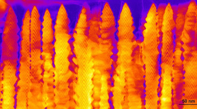 A nanobrush made by pulsed laser deposition of CeO2 and Y2O3 with dim and bright bands, respectively, is seen in cross-section with scanning transmission electron microscopy. CREDIT: Oak Ridge National Laboratory, U.S. Dept. of Energy