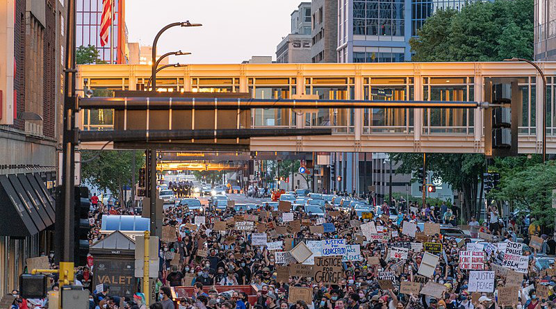 Protesters gather in downtown Minneapolis. Unrest in Minneapolis over the May 25th death of George Floyd. Photo Credit: Chad Davis, Wikipedia Commons