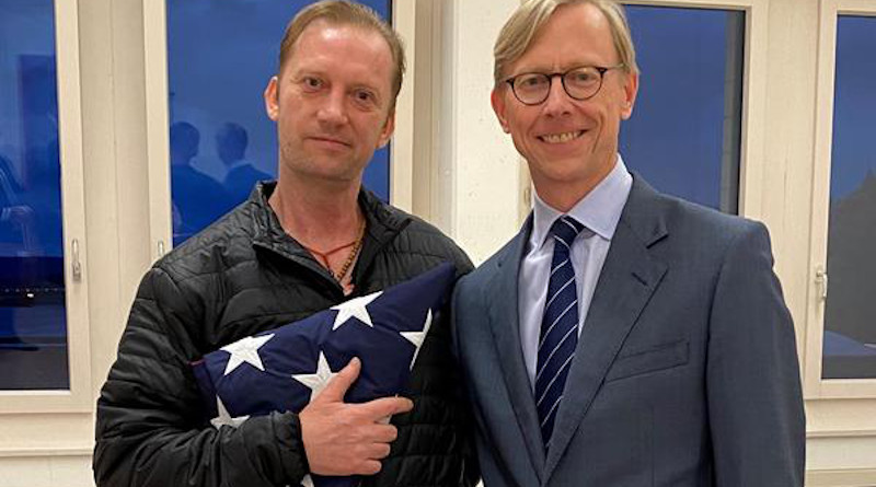 Michael White (left) meets Brian Hook, the U.S. special envoy for Iran, in Zurich, Switzerland, after White's release from detention in Iran. Photo Credit: U.S. State Department
