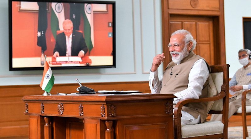 India's Prime Minister Narendra Modi with the Prime Minister of Australia, Mr. Scott Morrison at the India - Australia Leaders Virtual Summit, in New Delhi on June 04, 2020. Photo Credit: India PM Office