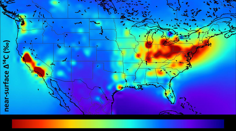 Because fossil fuels and materials used to produce cement are devoid of radiocarbon, associated emissions appear as areas of low Δ14C in the radiocarbon field that can be traced back to sources at the surface using atmospheric transport models. This map depicts areas where air samples were depleted of 14C and hence showed the influence of fossil fuel emissions. CREDIT: Sourish Basu, CIRES